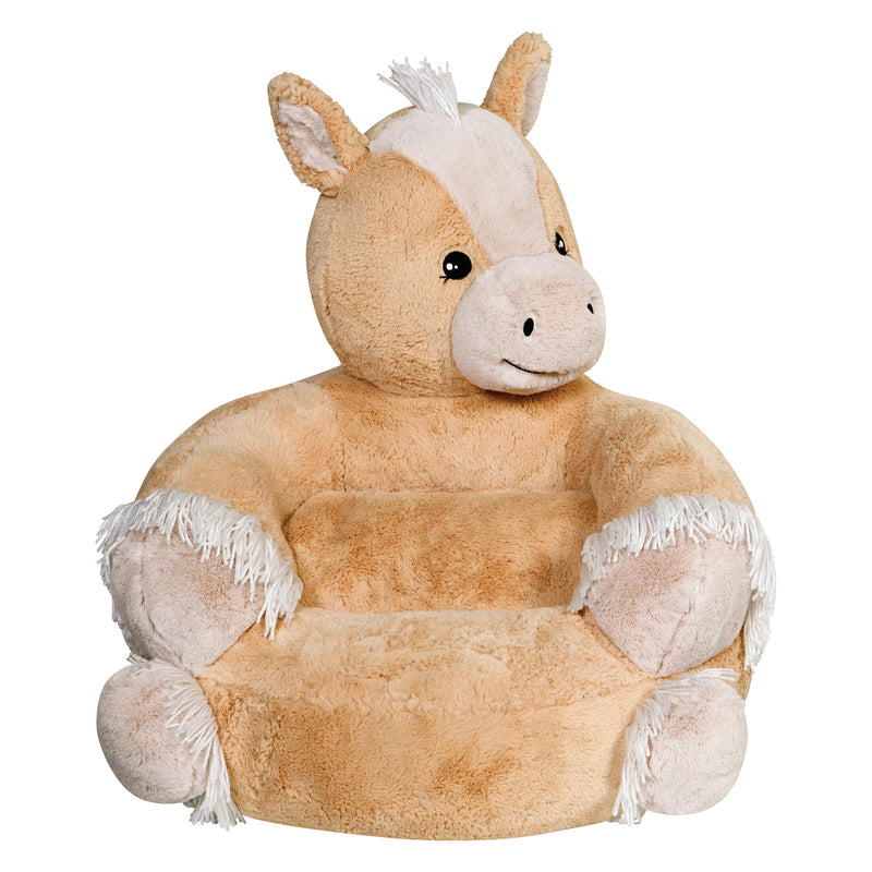Plush pony chair for children with tan body, cream muzzle, and fringed legs