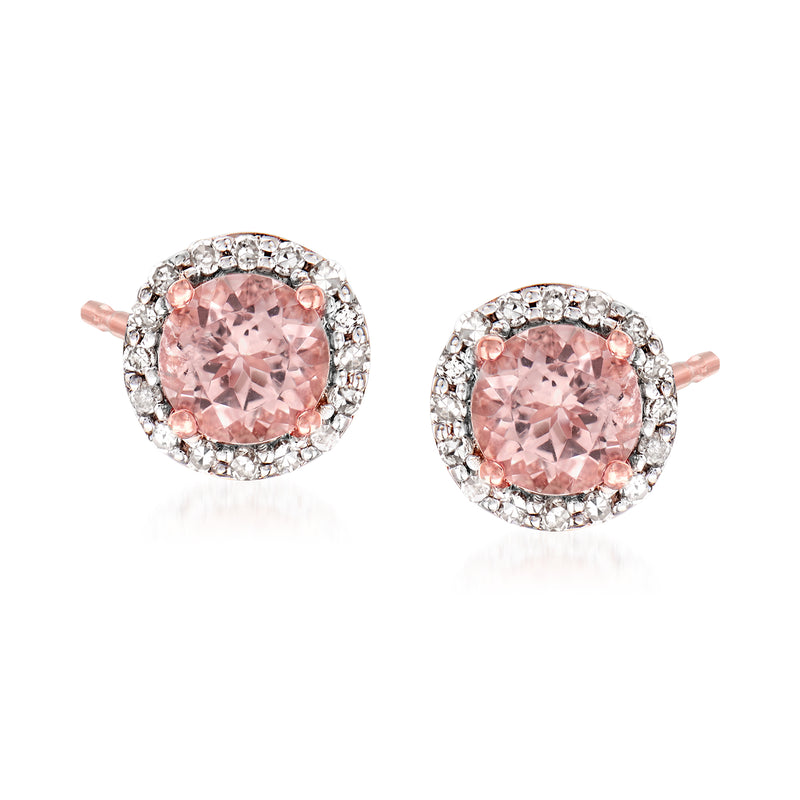 14kt rose gold halo stud earrings with pink gemstone center and clear diamond accents