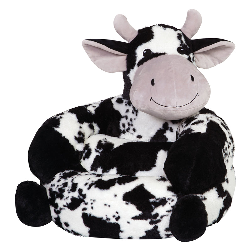 Children's plush cow chair, black-and-white stuffed animal seat with smiling face and horns