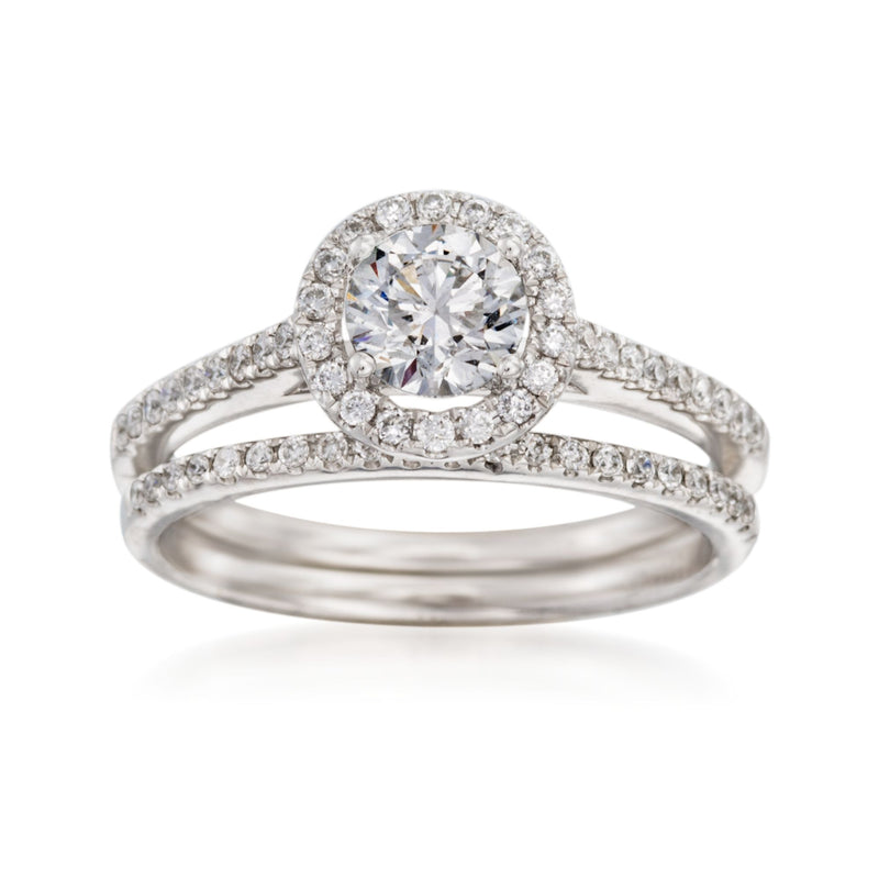 14kt white gold diamond bridal set with round center halo and pave band