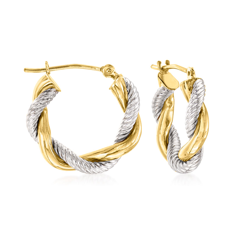 Two-tone twisted hoop earrings with yellow and silver-tone twisted metal