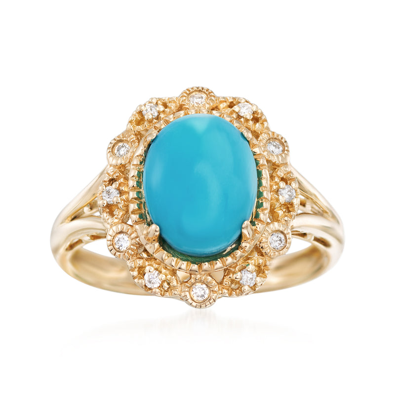 Oval turquoise gemstone diamond halo ring in 14kt yellow gold, round sparkle accents