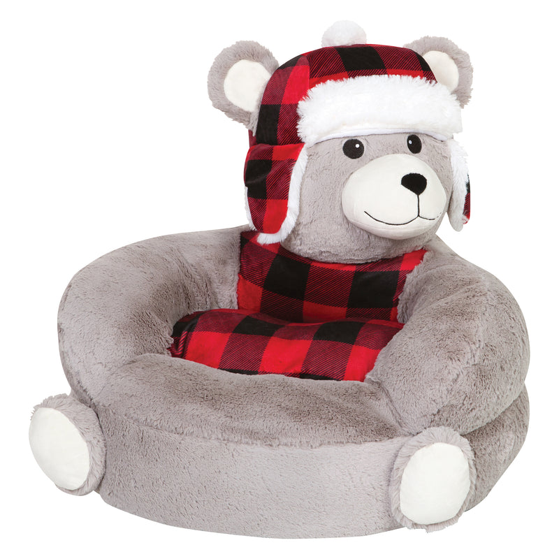 Plush bear chair with gray cushion and red/black buffalo plaid hood