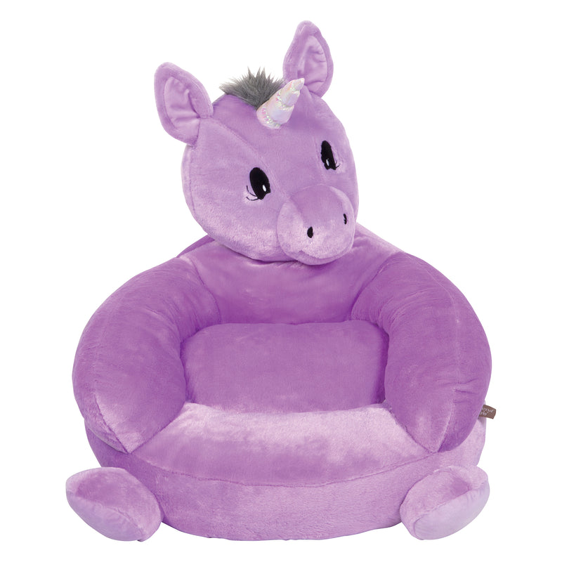 Purple plush unicorn chair with open seat and cushioned armrests for kids