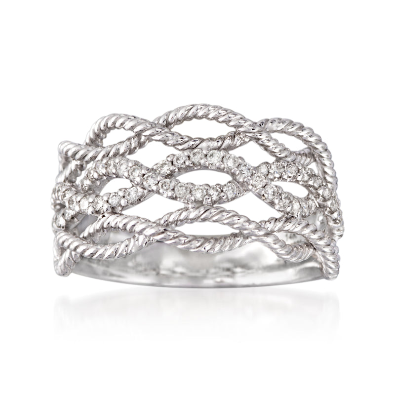 14kt white gold three-row woven diamond ring with sparkling round stones