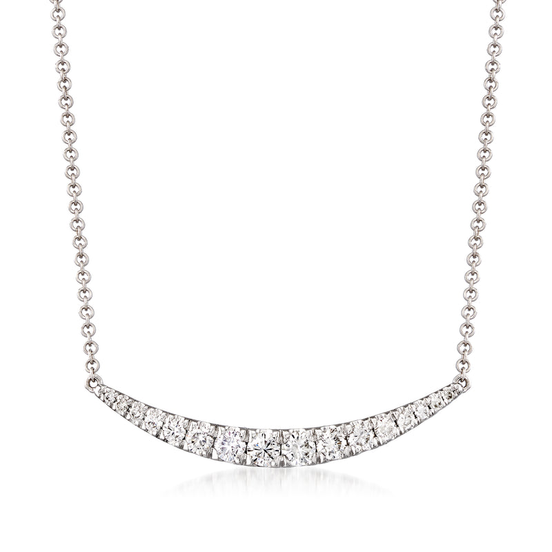14kt white gold diamond curve bar necklace with pave-set stones, fine chain links