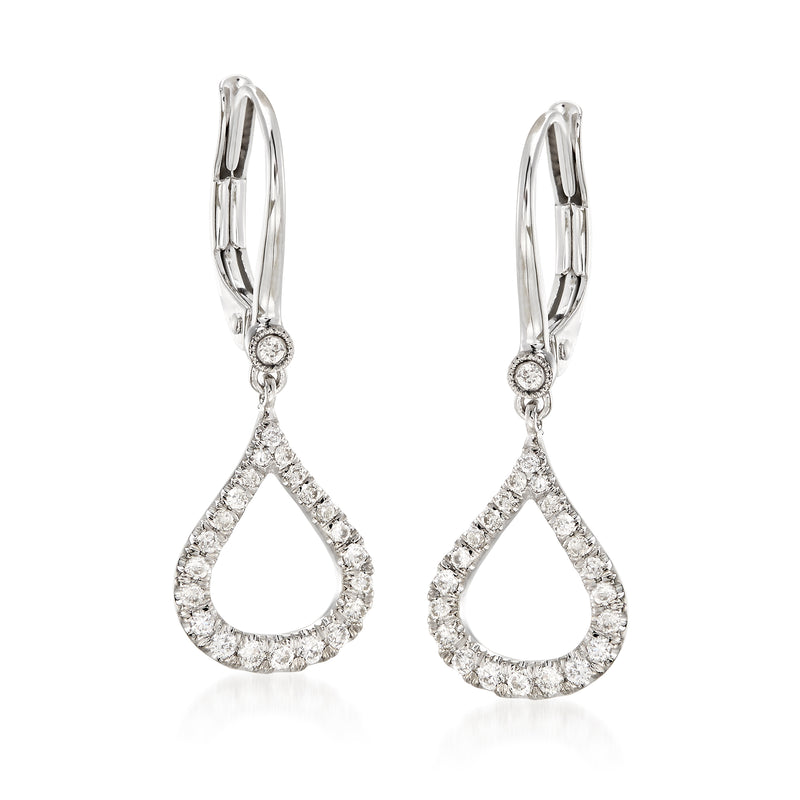 14kt white gold open teardrop diamond leverback earrings, dangling with sparkle detail