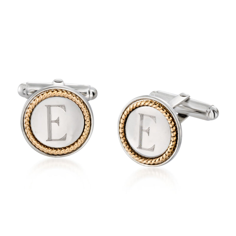 Round cuff links with sterling silver base, 14kt gold rope edge, monogram E