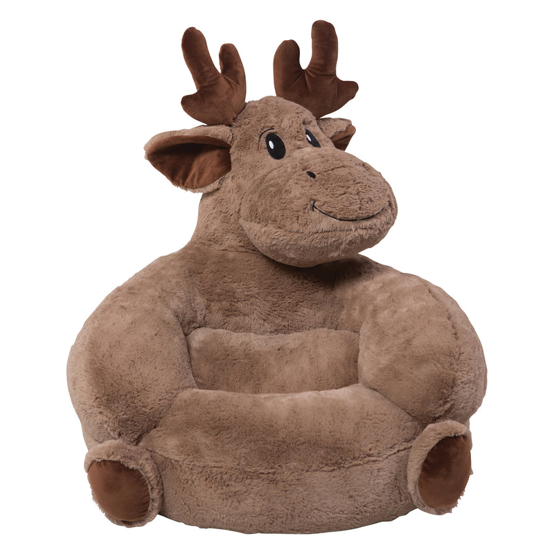 Children's plush moose chair, brown and gray with antlers and padded open seat