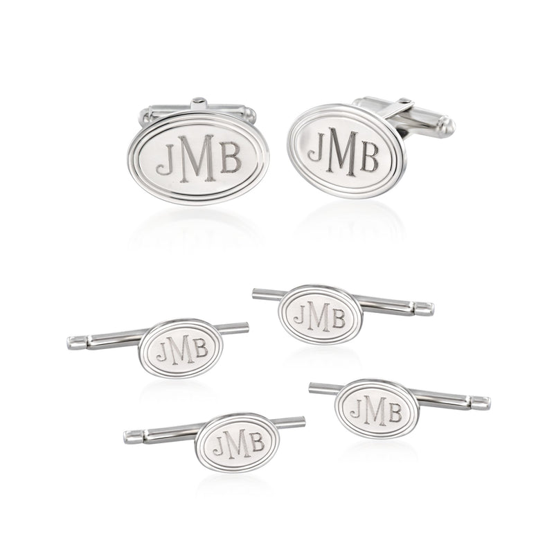 Sterling silver cuff links and shirt studs set with round JMB monogram faces