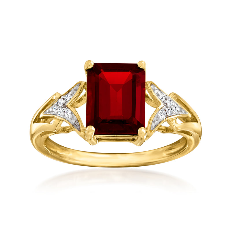 14kt yellow gold ring with rectangular red garnet center and diamond side accents
