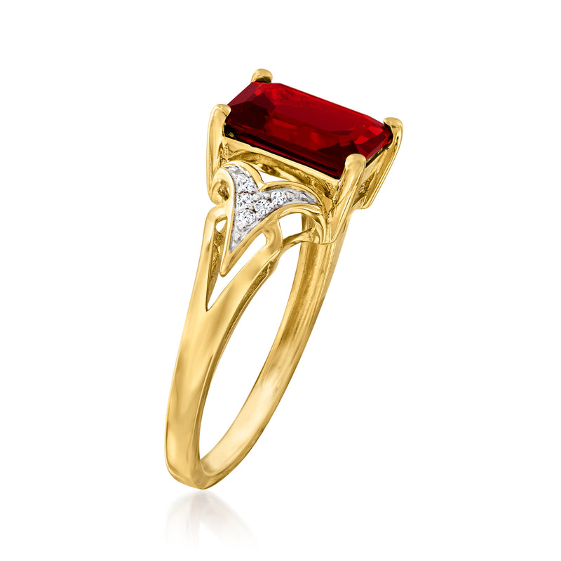 14kt yellow gold ring with red rectangular gemstone and diamond side detailing