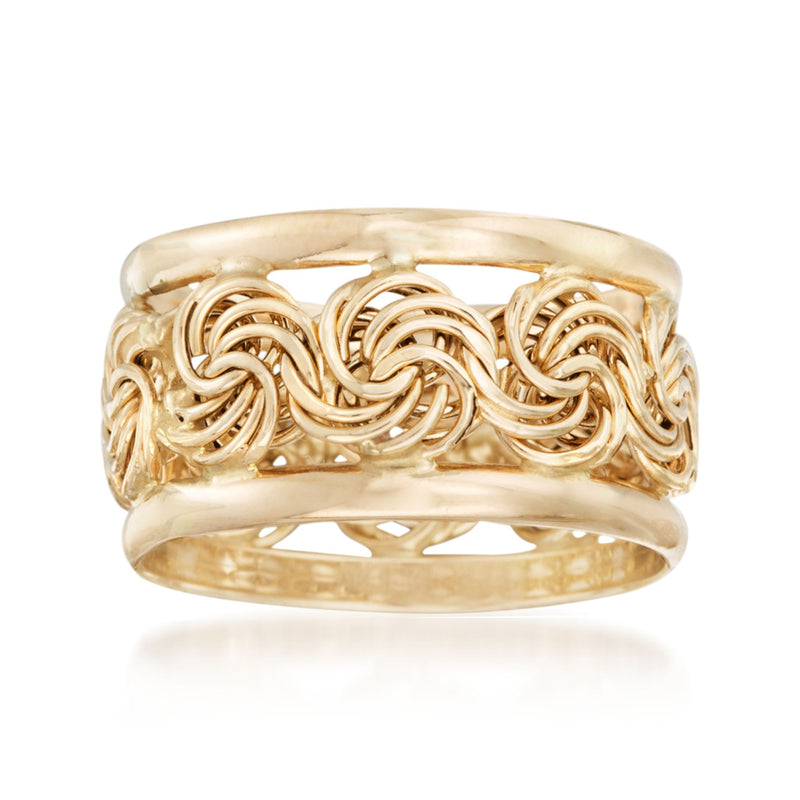 14kt yellow gold rosette ring with sculpted intertwined swirl pattern, polished finish
