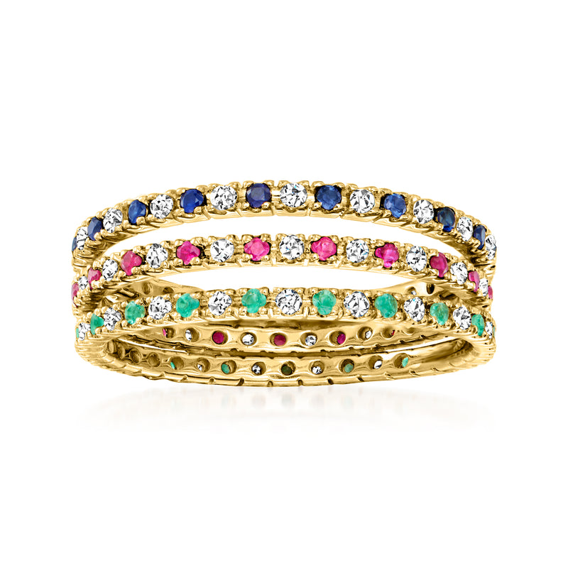 14kt yellow gold three-eternity band set with blue, pink, green stones and clear accents