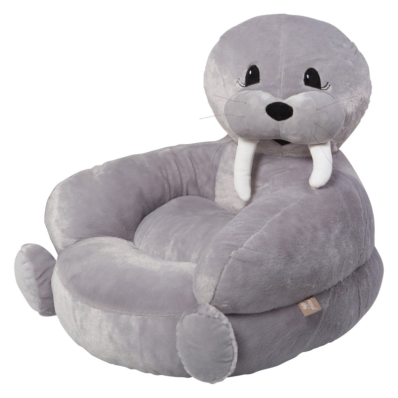 Grey plush walrus character chair with rounded seat and smiling face, soft arms