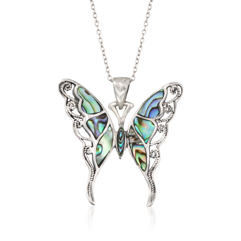 Sterling silver butterfly pendant necklace with iridescent abalone shell inlay