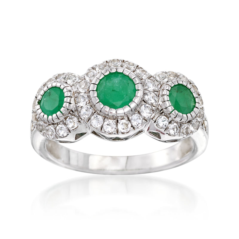 Sterling silver ring with three oval green gemstones and clear round stone accents