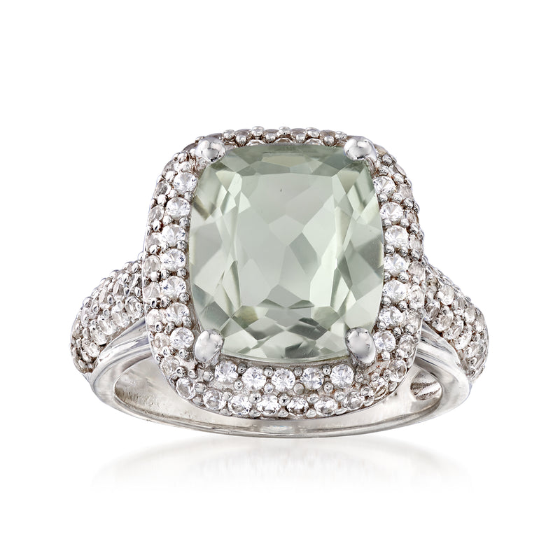 Sterling silver ring with green prasiolite center and white sapphire halo