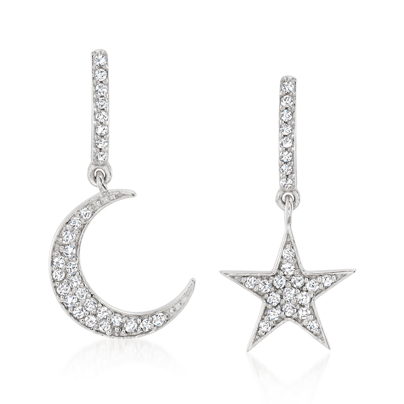 Sterling silver drop earrings with crescent moon and star charms, sparkling stones