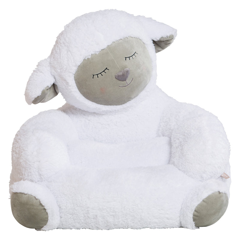 White plush lamb character chair with stitched smiling face, padded arms and seat