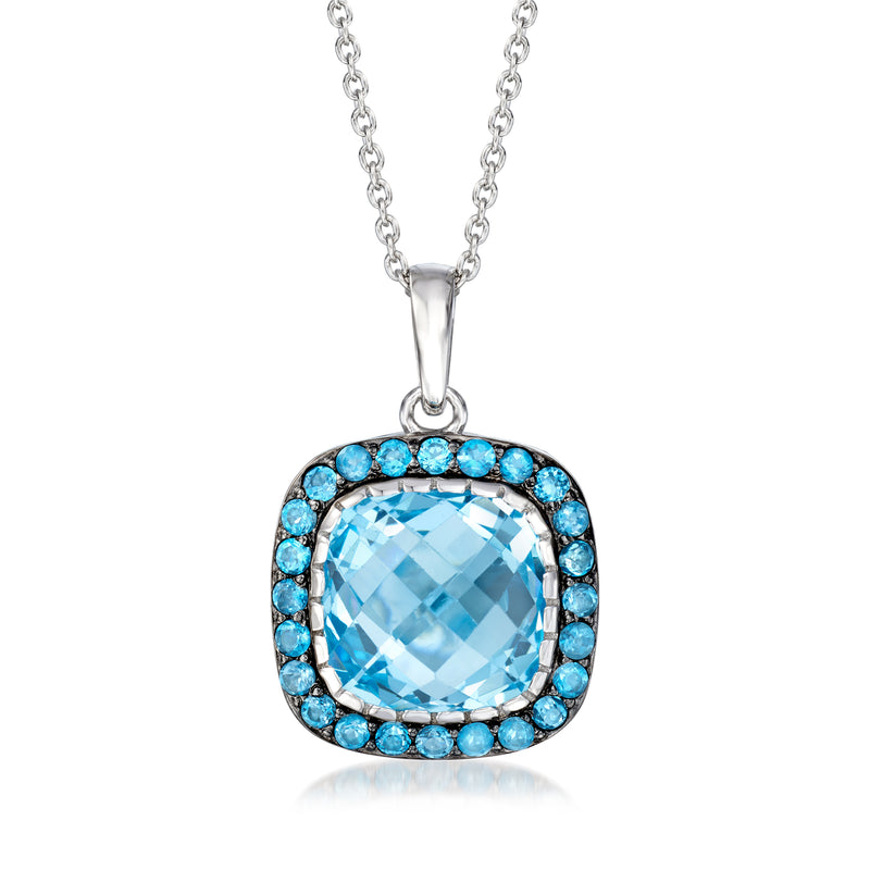 Sterling silver pendant necklace with blue topaz cushion gemstone and halo