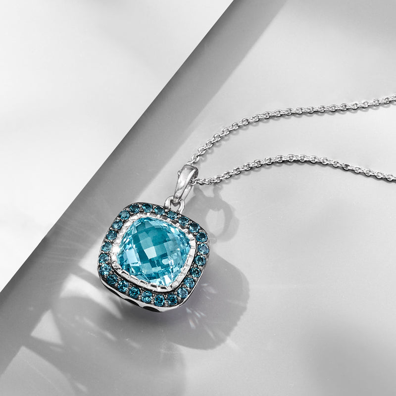 Sterling silver pendant necklace with square sky and London blue topaz