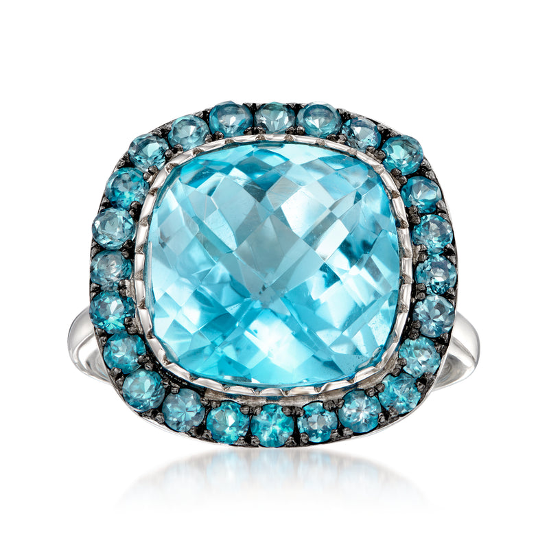 Sterling silver ring with oval sky-blue topaz centerpiece and round blue stone halo
