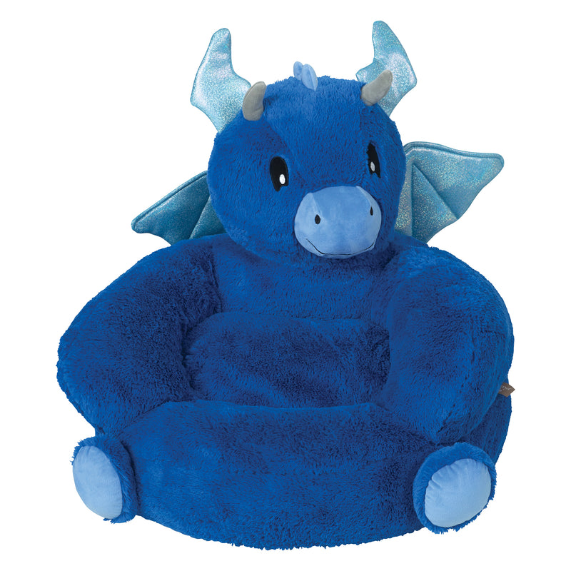 Blue plush dragon character chair with stuffed head and padded seat