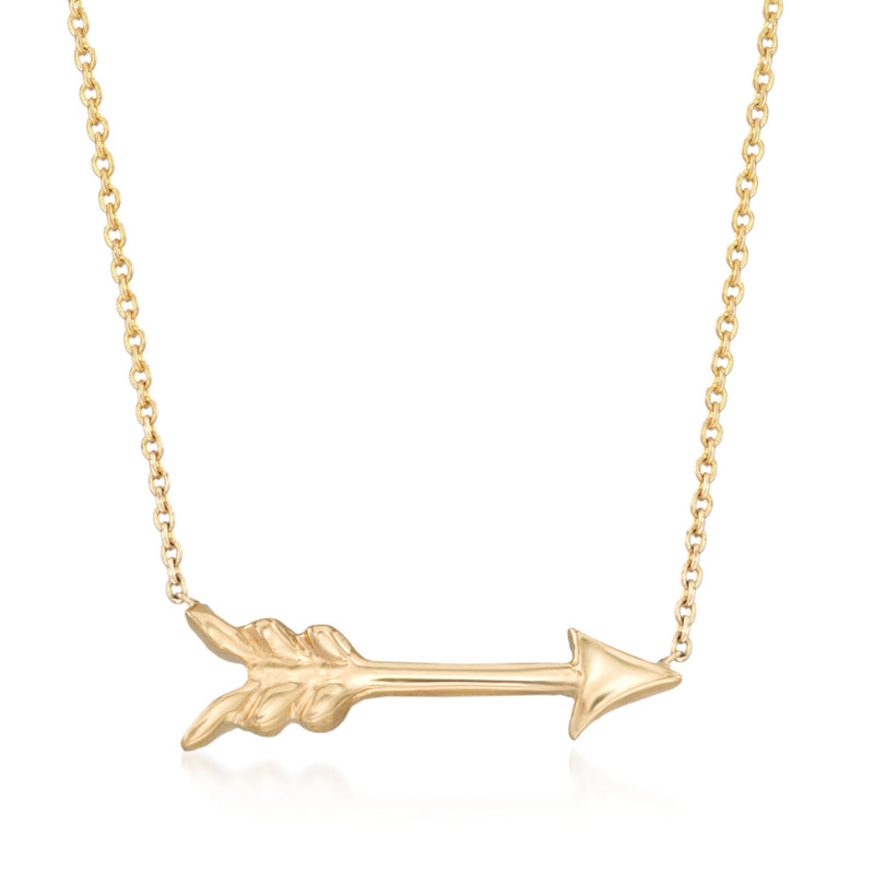18kt yellow gold arrow necklace with two pointed arrow ends on a fine chain