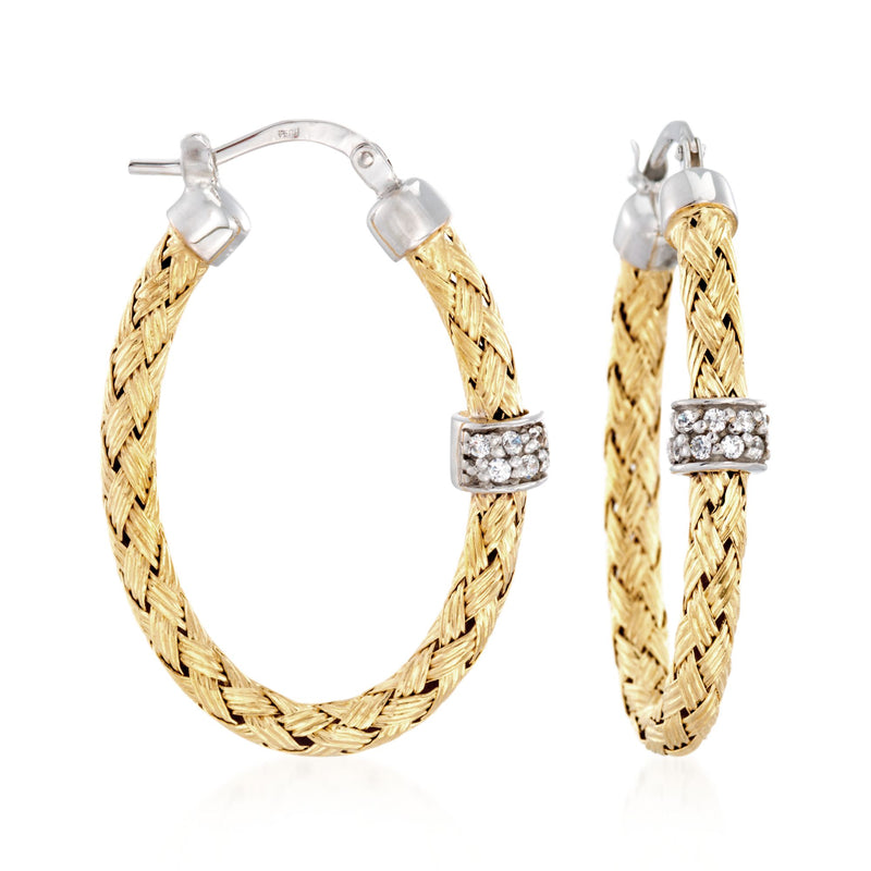 Two-tone oval hoop earrings, braided gold-tone with clear CZ square accents