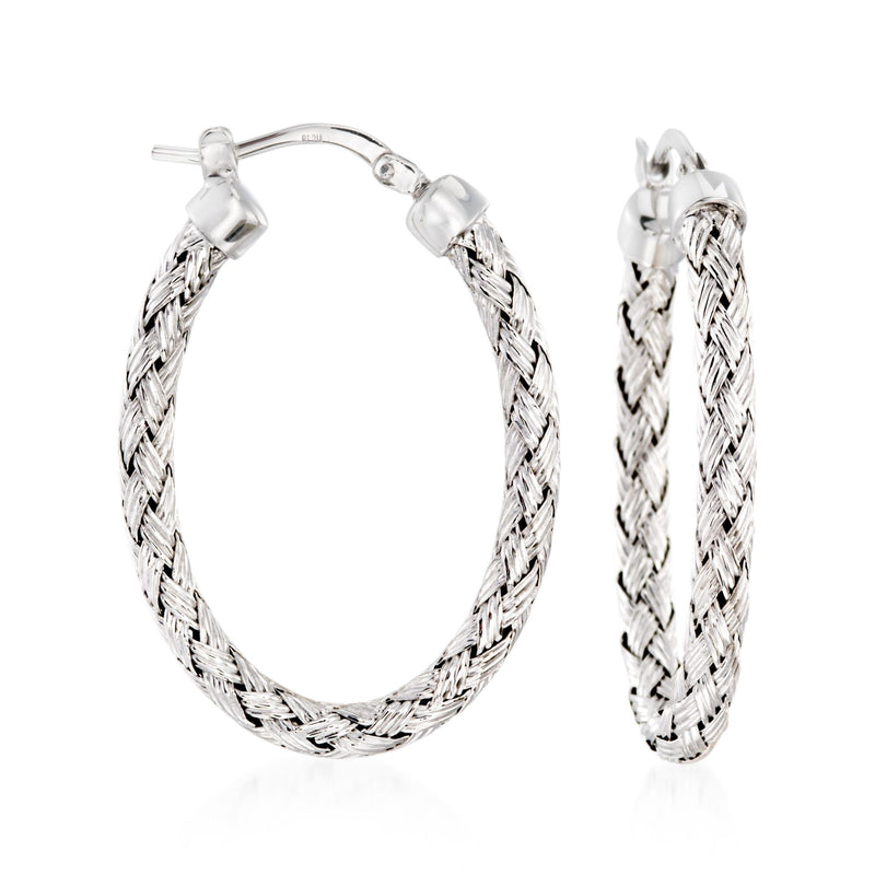 Sterling silver oval hoop earrings with braided rope detail
