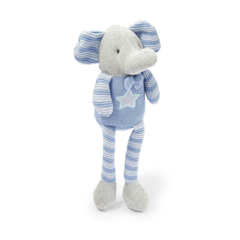 Blue elephant plush toy with star applique and striped fabric legs