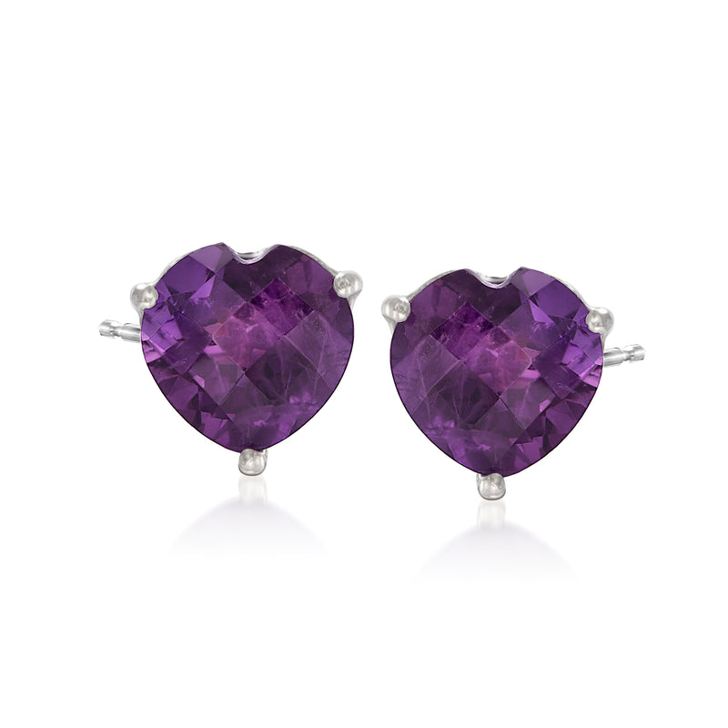 Sterling silver amethyst heart stud earrings with faceted purple gemstone hearts