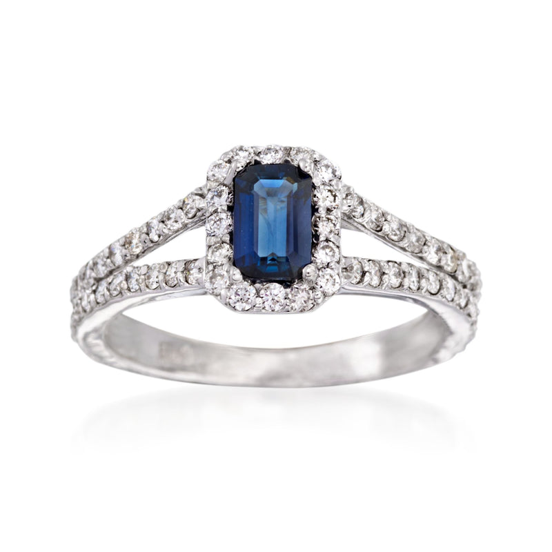14kt white gold sapphire and diamond halo ring with oval blue center stone