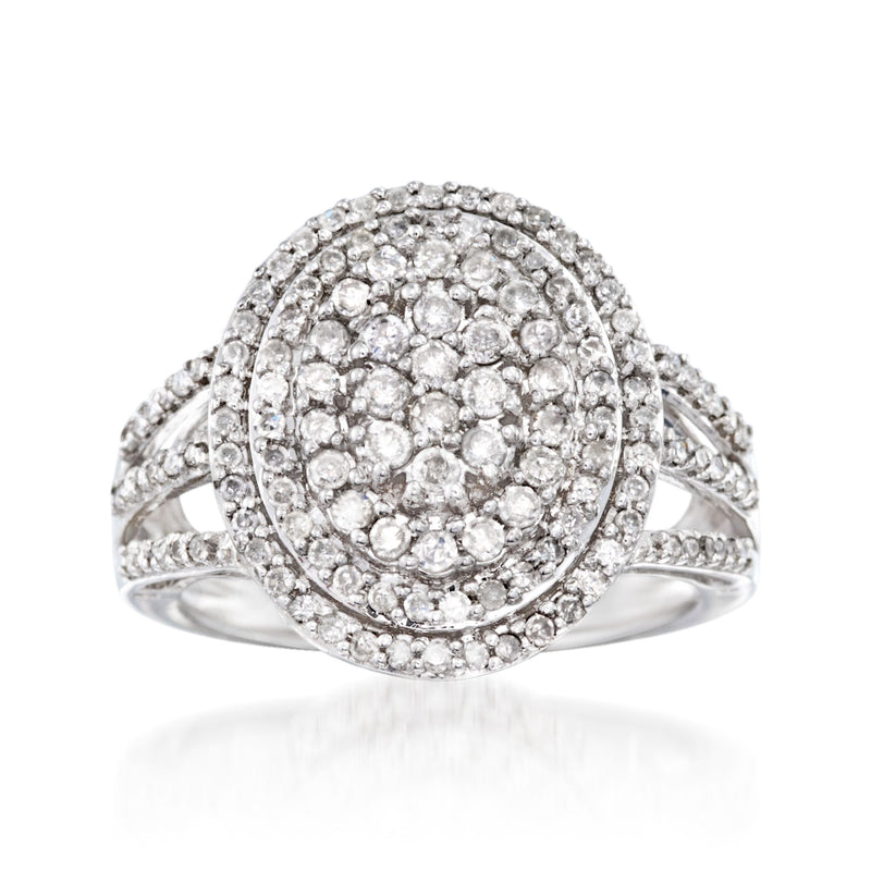 Sterling silver oval diamond ring with pavé halo and split shank