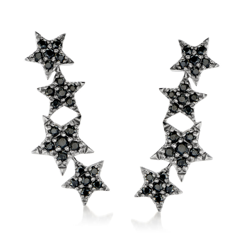 Sterling silver star ear climber earrings with dark black spinel-like gemstones, post backs