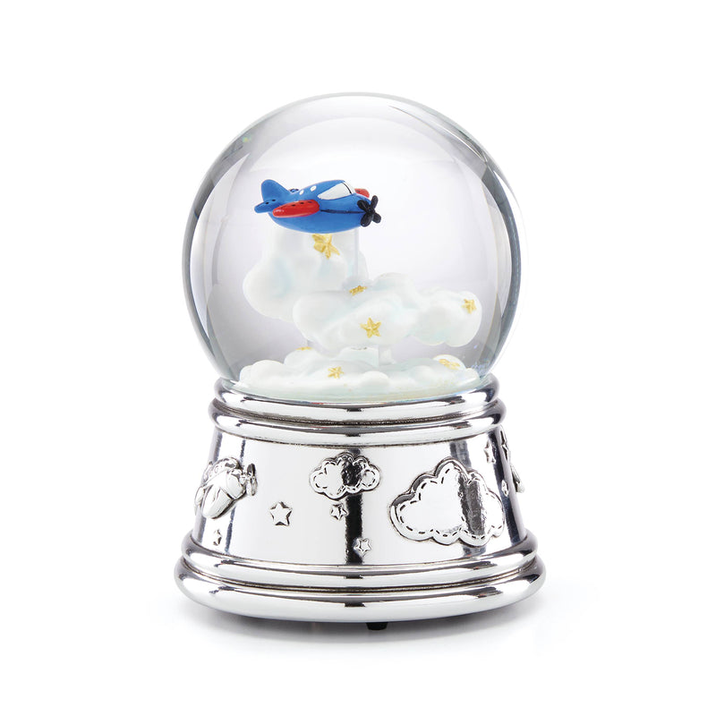 Reed & Barton musical water globe with clear dome, blue airplane over clouds, silver base