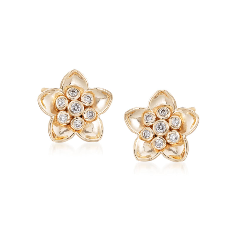 14kt yellow gold diamond flower stud earrings with round stone petals
