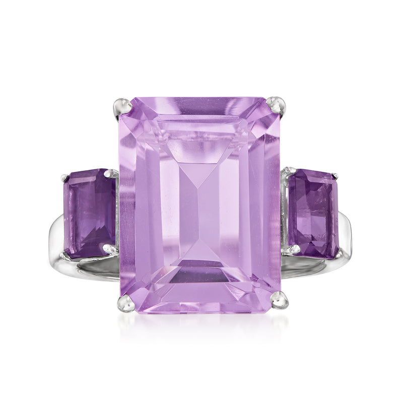 Sterling silver amethyst ring with emerald-cut center stone and side stones