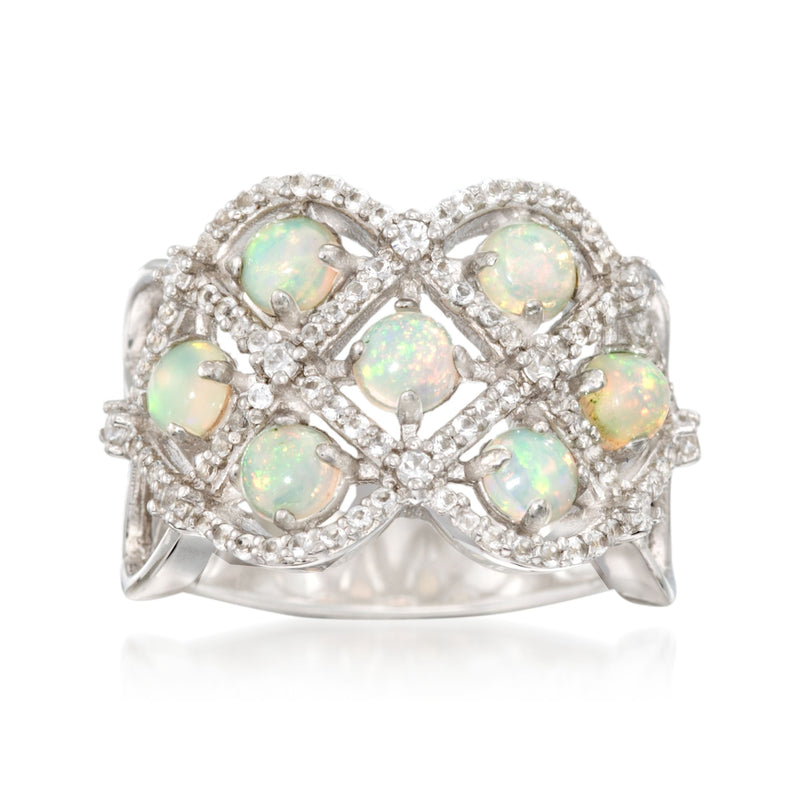 Sterling silver lattice ring with oval opal-like topaz accents and pave detailing