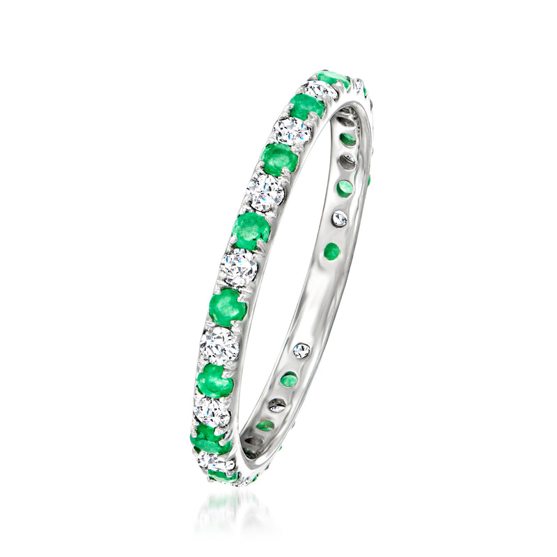 14kt white gold eternity band with alternating emerald and diamond accents