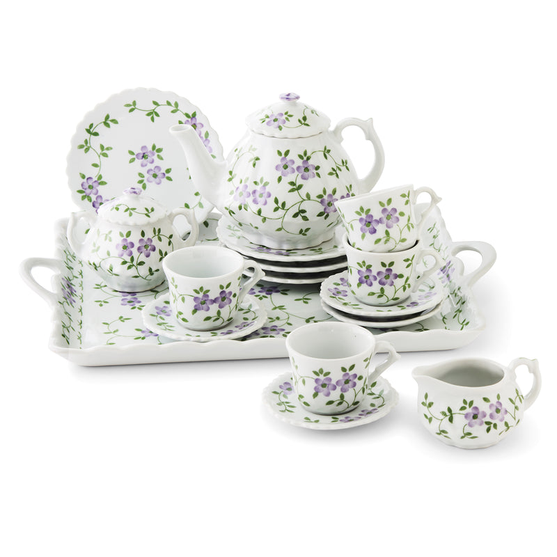 Child's porcelain violet flower tea set with teapot, cups, saucers, creamer and sugar