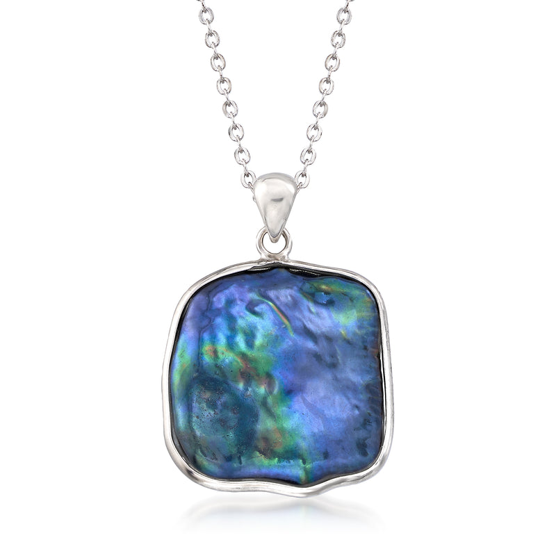 Sterling silver pendant necklace with iridescent blue-green square pendant and chain