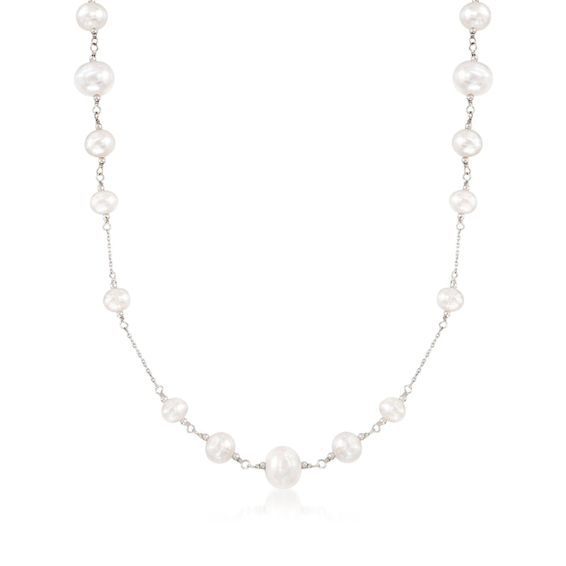 Sterling silver station necklace with round cultured pearls, 6–10mm, evenly spaced