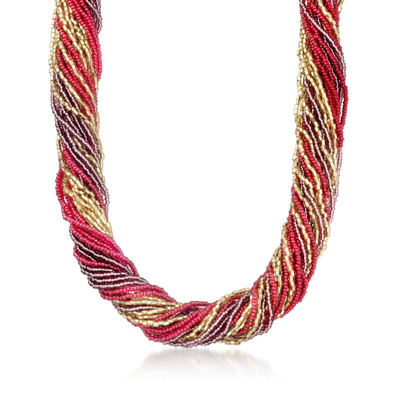 Torsade bead necklace with red, purple, and gold Murano glass beads on a gold chain