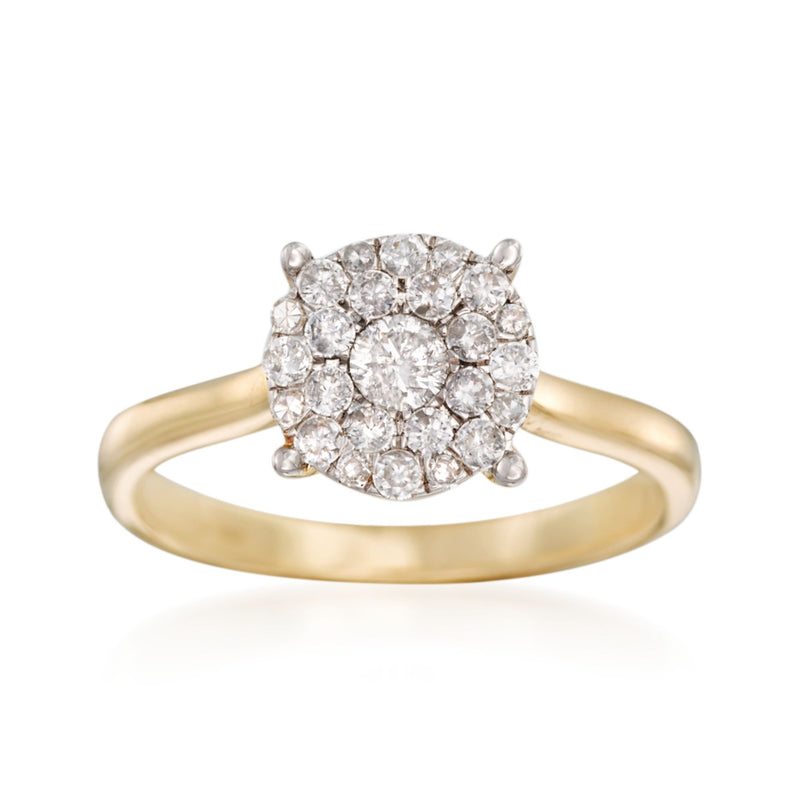 14kt yellow gold diamond cluster ring with round pave-set stones