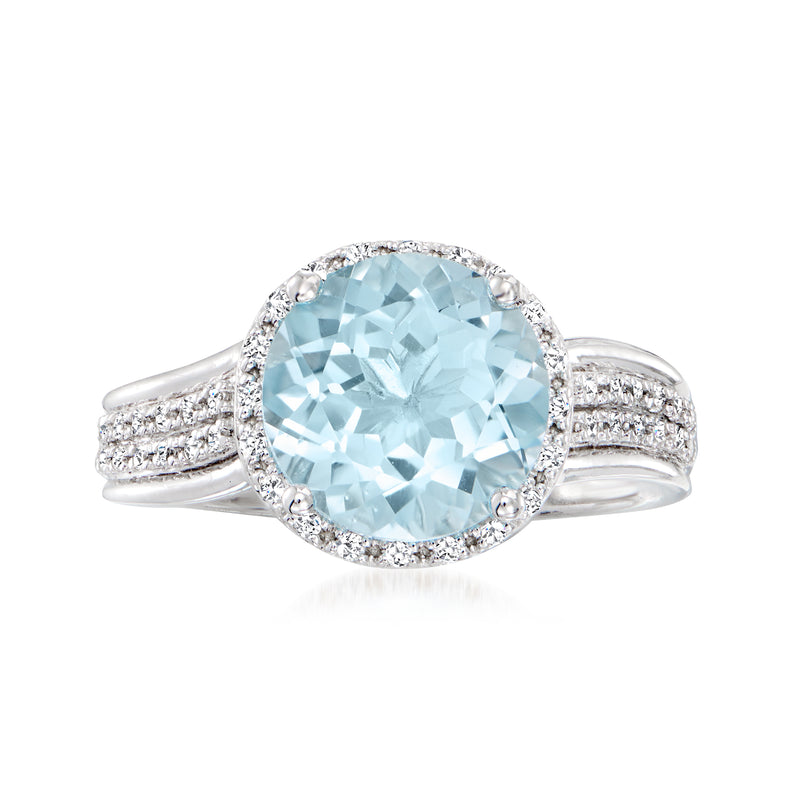 Sterling silver ring with sky blue topaz center and white topaz halo