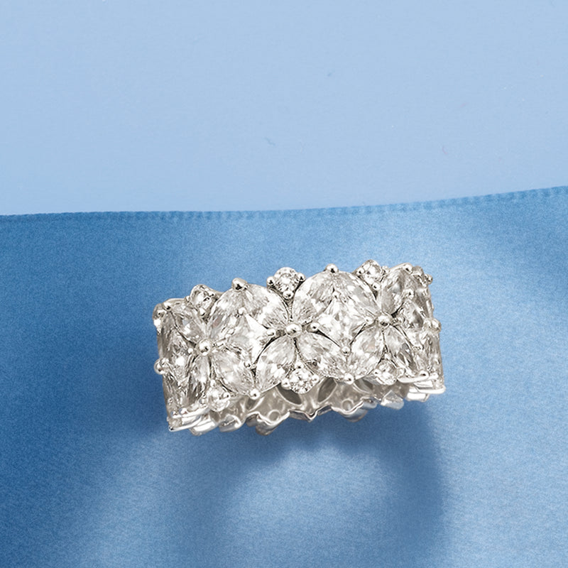 Sterling silver eternity band with bright multi-shaped clear CZ stones, narrow profile