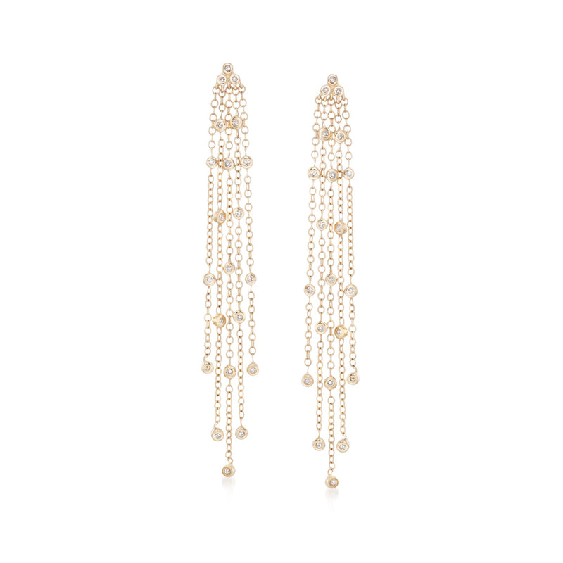14kt yellow gold diamond tassel drop earrings, long dangling bead chains