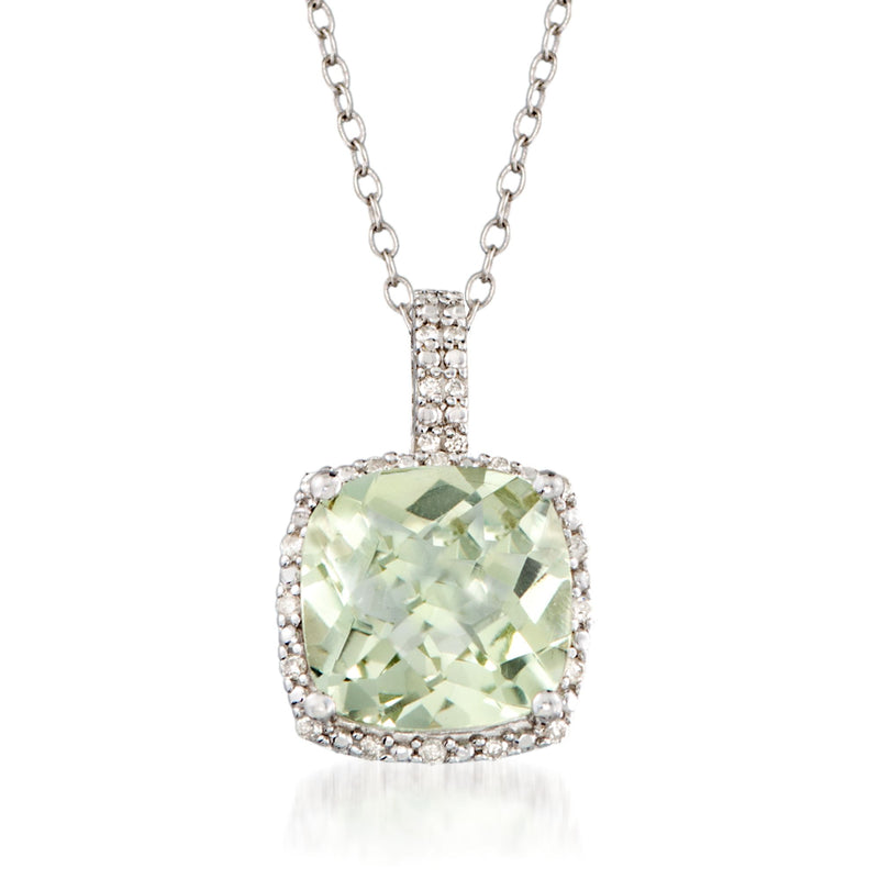 Sterling silver prasiolite pendant necklace with oval green gemstone and diamond halo